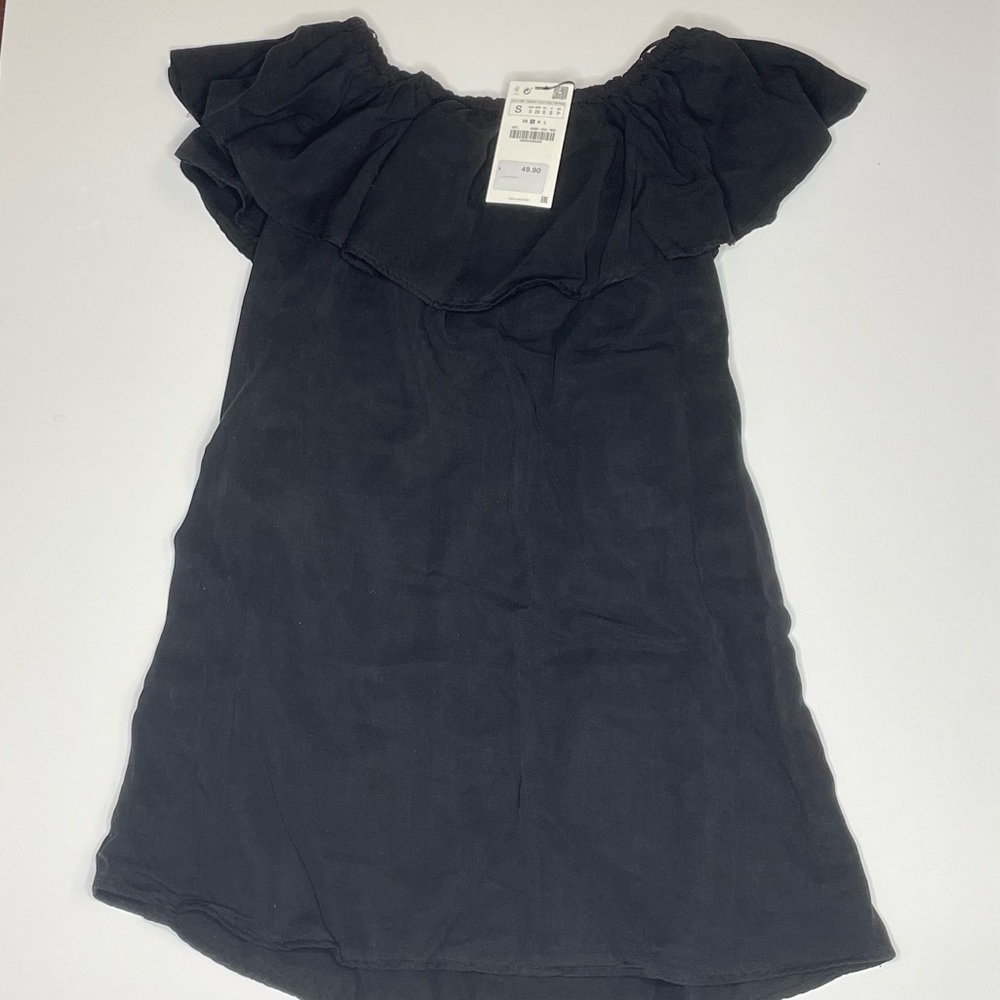 NWT Women’s Zara Black Ruffle Off Shoulder Dress, Size Small